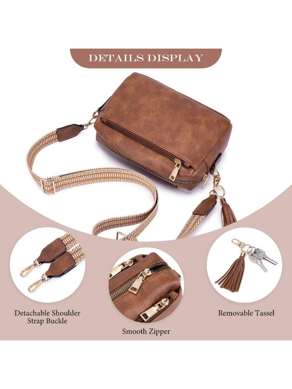 Women's Brown Leather Triple Zip Small Crossbody Bag Wallet with Card Slots - Picture 6 of 6